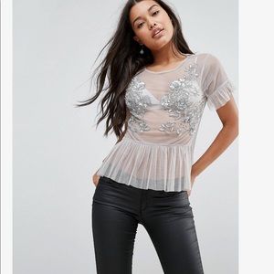 NWOT - ASOS Top in Mesh w/ Pep Hem & Sequin Detail